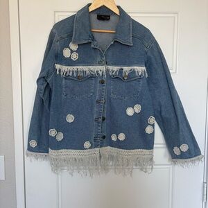 Carole Little Denim Jacket with Fringe & Crotchet Floral Details- Size 14